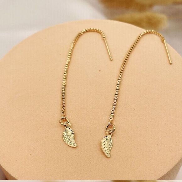 NEW GOLDEN LEAF THREADER CHAIN DANGLE EARRINGS - Picture 5 of 11